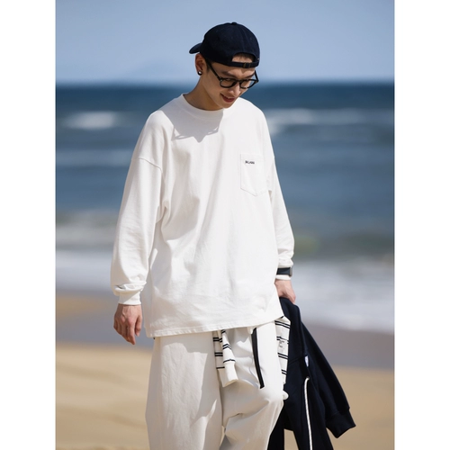 Bellken тяжелый вес 300G Японская простая сплошная рубашка с твердым цветом для мужчин и женщин, древний модный карман с длинным рукавом t