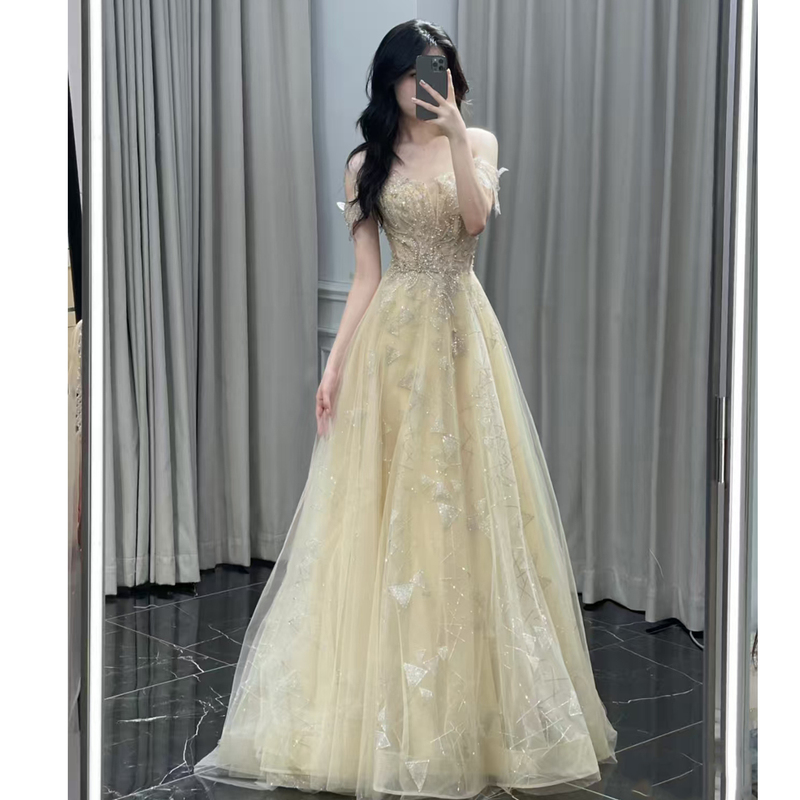 Banquet Evening Dress Champagne Color 2026 New Style High-End Niche Performance Host Costume Birthday Coming-Of-Age Ceremony