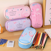 P338 Korean stationery box Flamingo large capacity pen bag pen box PU zipper pencil box Student pen bag office