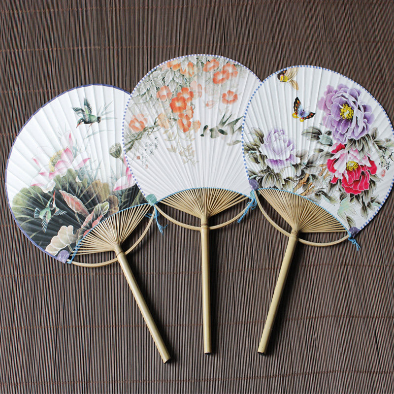 Palace fan printed rice paper fan dough fan calligraphy painting creation bamboo root fan handle male fan female flower beauty fan