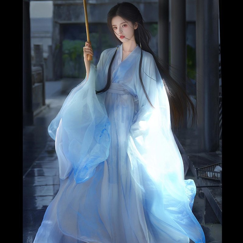 Blue Wei-Jin Style Ancient Costume Hanfu 2026 New Style Ancient Style Adult Waist-Length Large-Sleeve Shirt Cool Style Ru Skirt Set for Summer