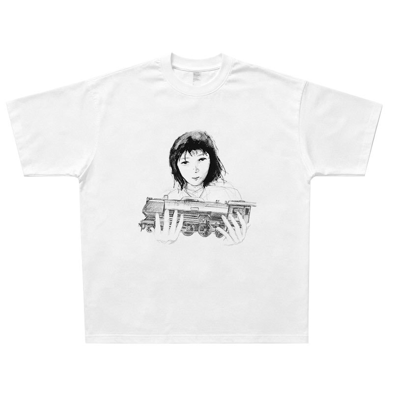 Betcover Courage Hand-Painted T-Shirt Japanese Rock Band Steam Train Girl Vintage Retro Short-Sleeve