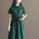 35-year-old Q597 summer solid color linen cotton shirt skirt forest retro Japanese style short-sleeved literary mid-length dress for women