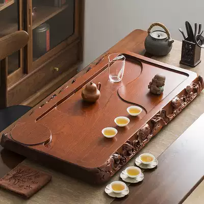 Rosewood tea tray household whole piece original red solid wood tea table high-grade new Chinese style drainage large bar flower tea tray
