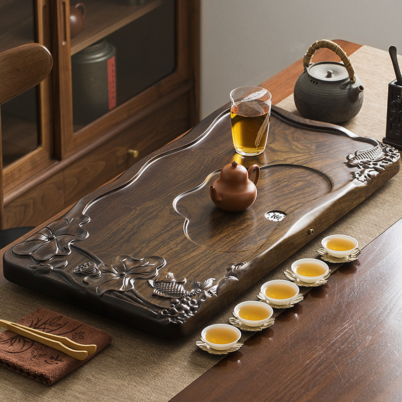 New solid wood tea tray household whole piece of ebony tea tray large size drainage Chinese red log kung fu tea set - Taobao