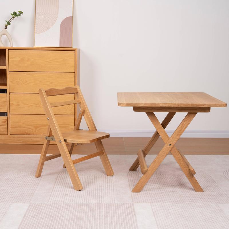 Solid Wood Folding Table and Chairs, Portable Dining Table and Chairs for Small Apartments, Leisure Chess and Card Table, Simple Backrest Chair, White Oak Square Table