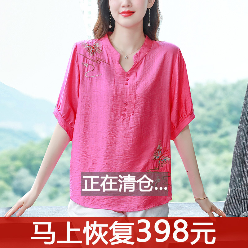 Cotton and Linen Shirts for Women, Short-Sleeved Summer New Style Shirts, Loose and Stylish Shirts for Middle-Aged Mothers, Linen Embroidered Tops