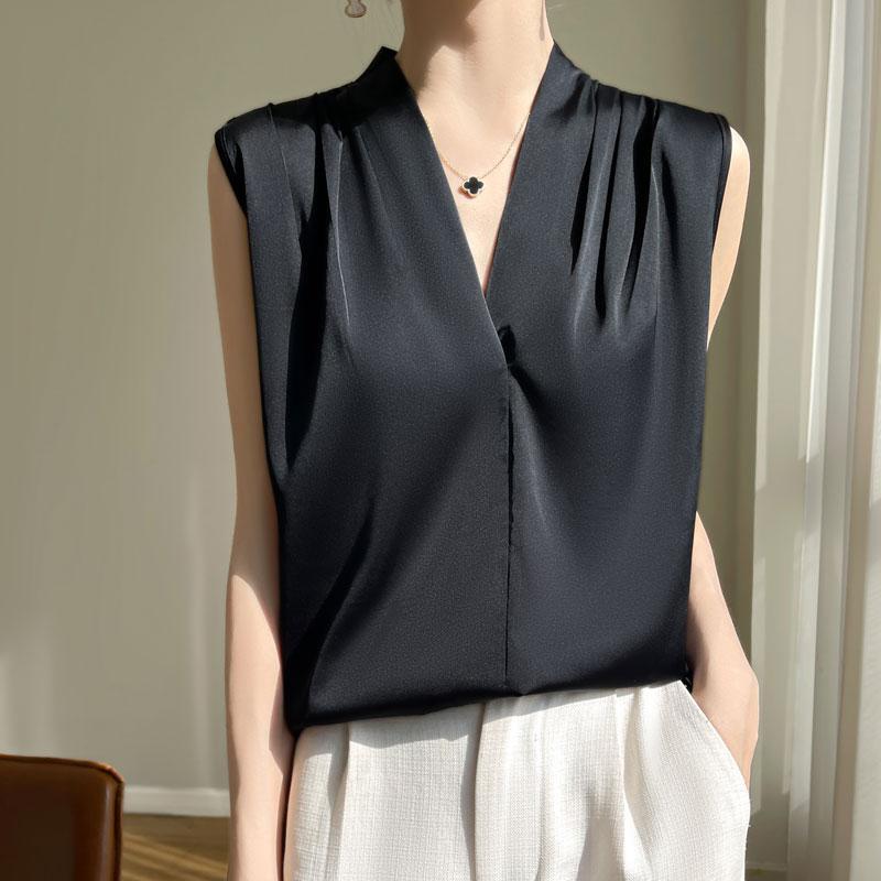 Spring and Summer Acetate Satin Sleeveless Shirt for Women, V-Neck Camisole, Blazer Inner Layer, Silk Top Shirt