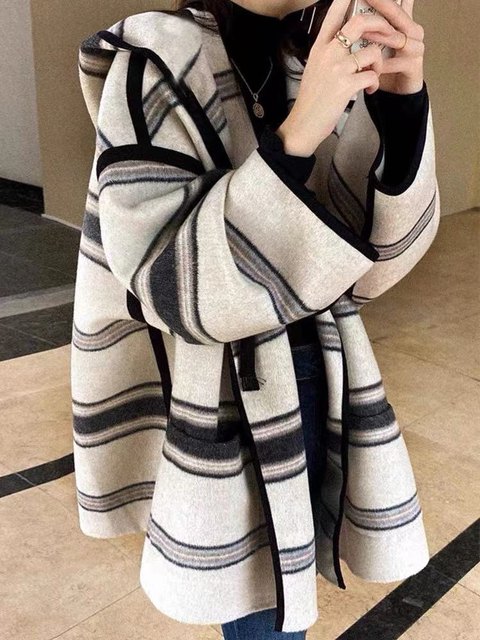 Autumn and winter new hooded cloak double-sided cashmere coat women's striped small short Korean loose cardigan coat