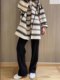 Autumn and winter new hooded cloak double-sided cashmere coat women's striped small short Korean loose cardigan coat