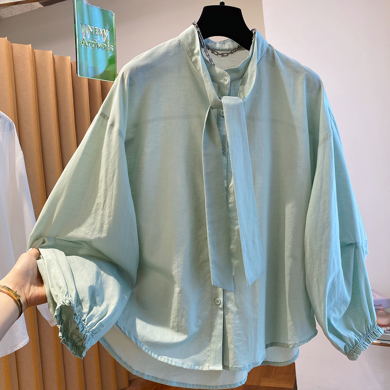 French-Style Design Ribbon Green Shirt for Women 2026 New Loose Casual Thin Semi-Sheer Stand Collar Top for Spring