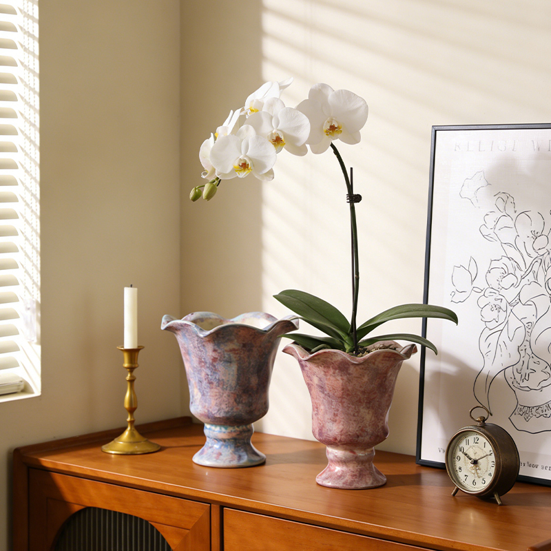 French-Style Ceramic Flower Pot, Retro Light Luxury Art, High-End Flower Vessel, Home Living Room Decoration, Special Flower Pot for Phalaenopsis Orchids