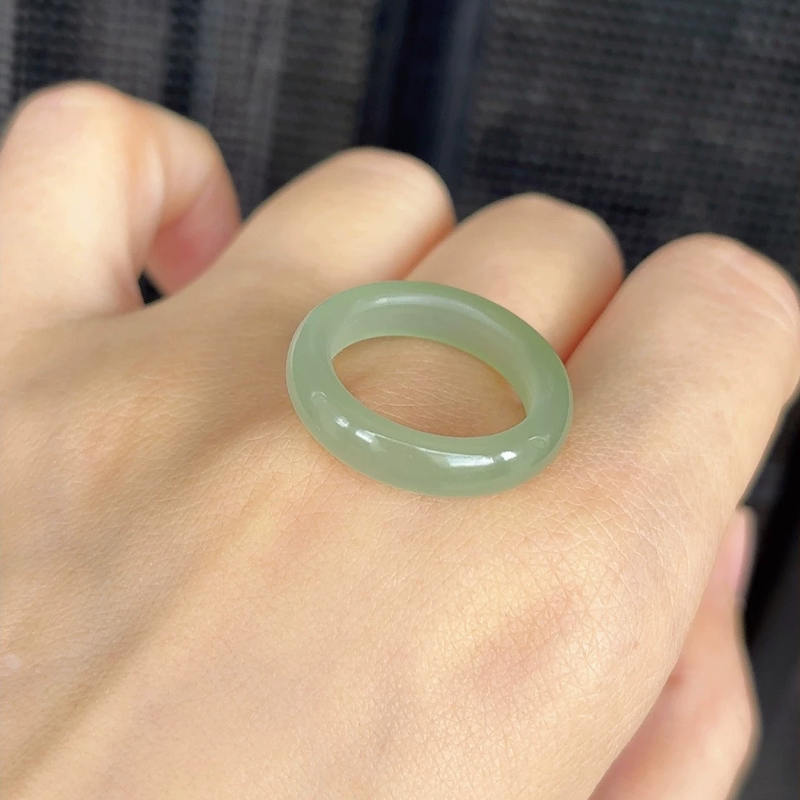 Natural Hetian Jade Ring Size 13, Clear Water Ice-Clear Finish