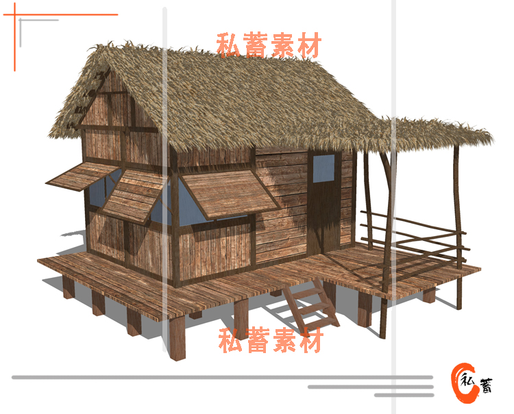 T134 SU草图大师木屋茅草屋园林景观乡村休闲屋别墅sketchup...-15