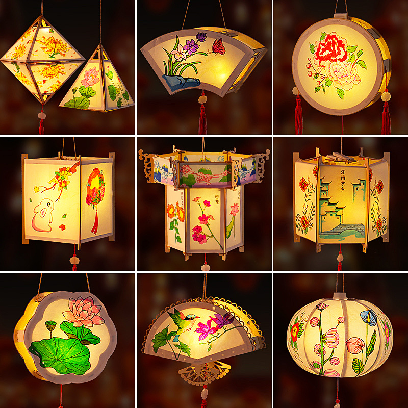 Children's hand-painted lanterns diy handmade materials decoration kindergarten activity palace lantern led luminous portable lantern
