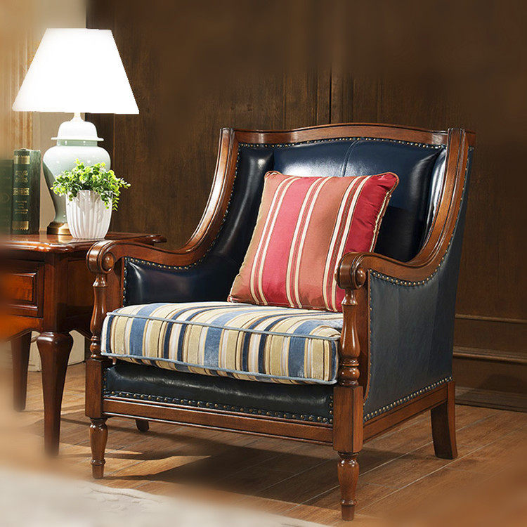 American solid wood sofa combined countryside field garden retro small family type leather sofa living room solid wood sofa combined blue