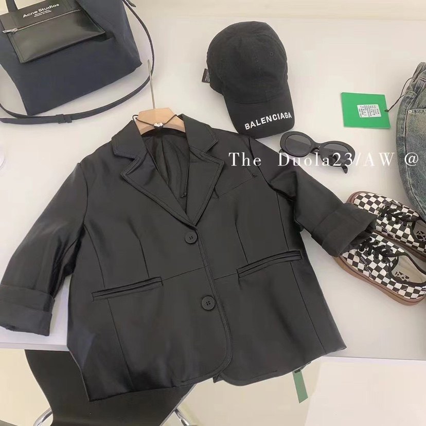 South Korean boy clothing girl leather jacket pu jacket 2023 autumn-style CUHK children's single row buttoned with blouses blouses-Taobao