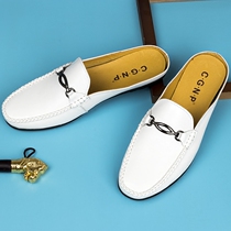 Summer breathable Baotou half drag beanie leather shoes Korean version leather heelless loafers mens casual fashion slippers