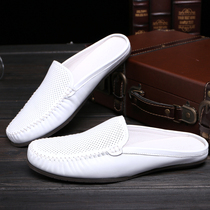 British mens summer breathable lazy slippers leather casual trend Baotou half slippers a pedal trend mens shoes