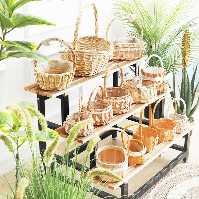 Willow Woven Carry-on Basket Home Living Room Debris Containing Basket Handwoven Companion Courtesy Flower Shop Flowers Wood Slice Flower Basket-Taobao