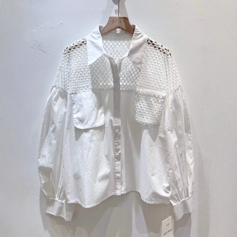 2026 Summer Hollow Fishnet Patchwork Shirt for Women with Mesh on the Shoulders, See-Through Lapel, Loose Sun-Protective Long-Sleeve Shirt 2026 Summer Hollow Fishnet Patchwork Shirt for Women with Mesh on the Shoulders, See-Through Lapel, Loose Sun-Protective Long-Sleeve Shirt