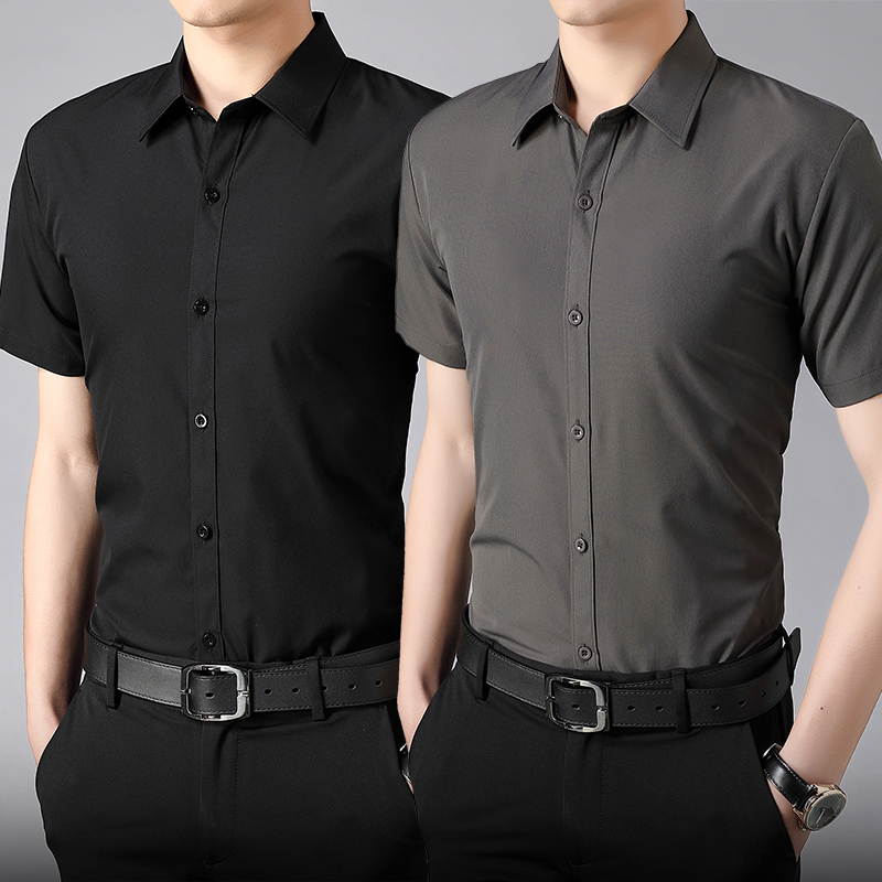 Summer Short-Sleeved Shirt for Men, Solid Color, Korean Style, Slim Fit, No-Iron, Men's Business Formal Wear, Professional Long-Sleeved Black and Gray Shirt Summer Short-Sleeved Shirt for Men, Solid Color, Korean Style, Slim Fit, No-Iron, Men's Business Formal Wear, Professional Long-Sleeved Black and Gray Shirt