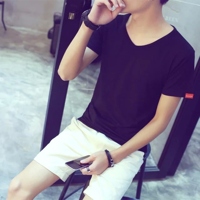 夏季新款纯色男士短袖t恤半袖加肥加大码男装潮流V领修身打底衫