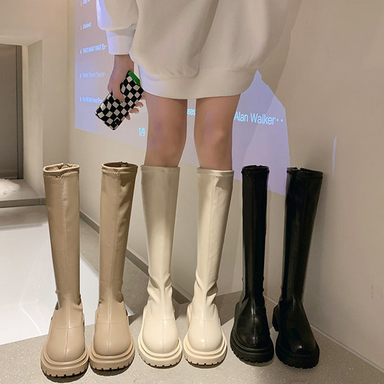 Flat-top long boots for women 2024 autumn and winter new thick-soled small tall milk tea white Martin knight boots