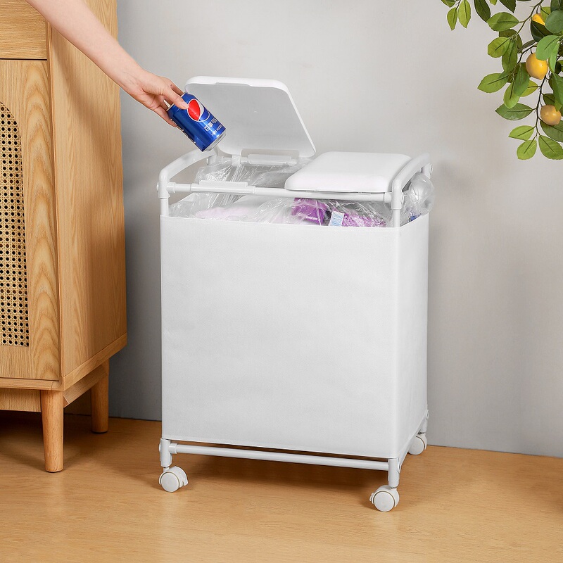 Garbage Sorting Rack with Lid and Cloth, 2-Category Trash Can with Universal Wheels, Easy to Change Bags, Large Capacity, Suitable for Dormitories and Home Use