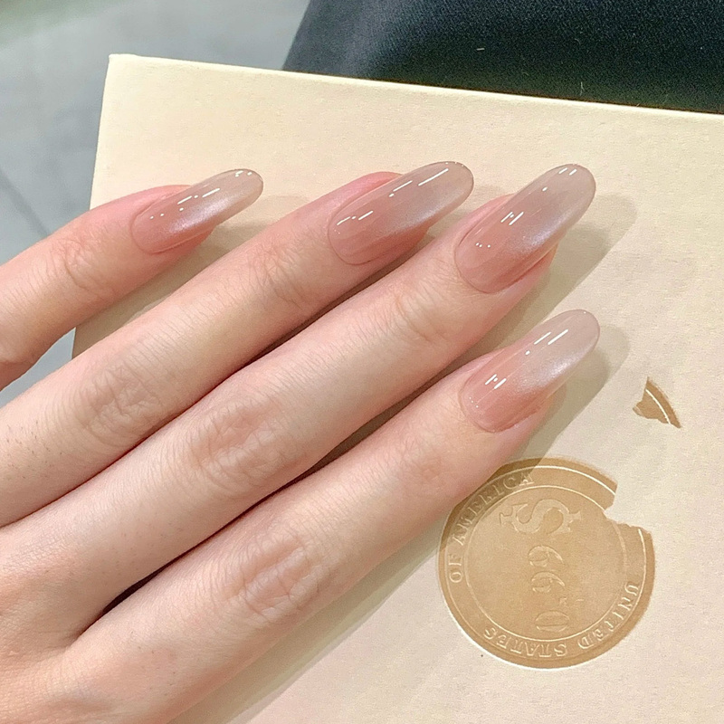 Handmade Wearable Nails, Gentle and Tender, Jelly-Like White Water Cat-Eye Gradient Nail Patches, High-End Nude Color Nail Stickers