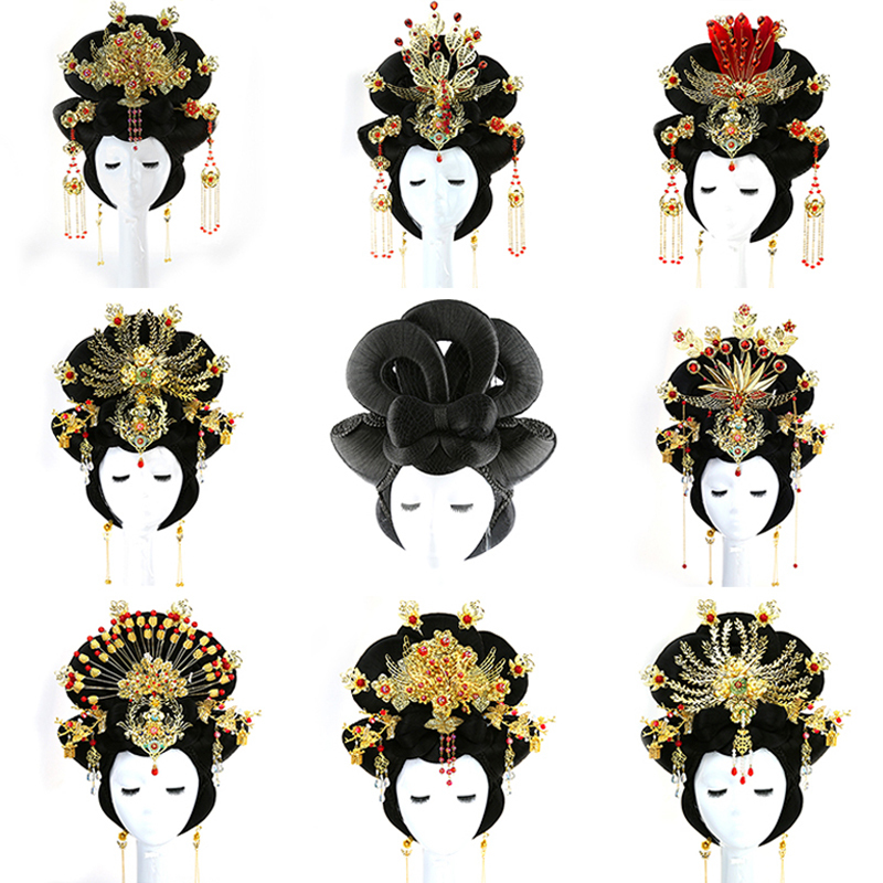 Ancient Costume Wu Mei Niang Wig Set Queen Cross-String Imperial Concubine Style Full Headgear Imperial Concubine Headgear Jewelry Set