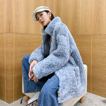 KC home Ocean blue lady imported Icelandic wool wool fur one-piece medium-long fur coat