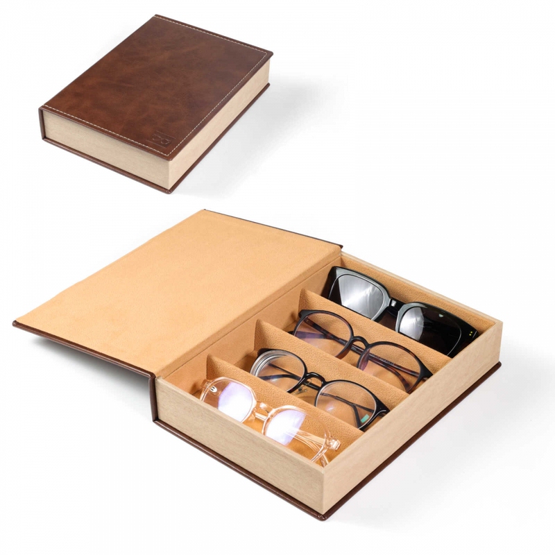 Purely Handmade High-End Pu Leather 4-Compartment Storage Box for Myopia Glasses, Sunglasses, and Sunglasses, Multi-Compartment, Large Capacity, for Travel Use