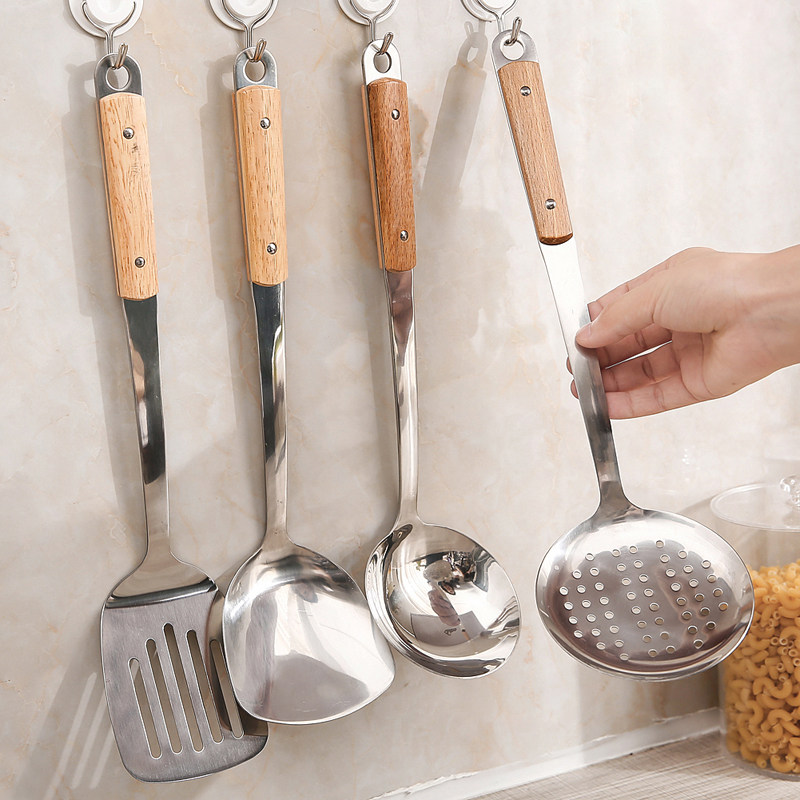 Wooden handle stainless steel spatula set Anti-scalding stir-fry shovel kitchenware colander soup spoon spoon Household cookware hot pot