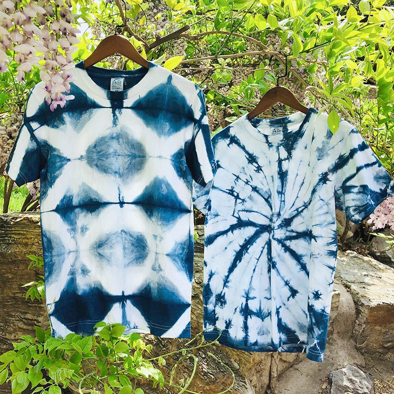 Original design new handmade blue-dyed grass-dyed tie-dyed pure cotton T-shirt summer wild men and women's short-sleeved base