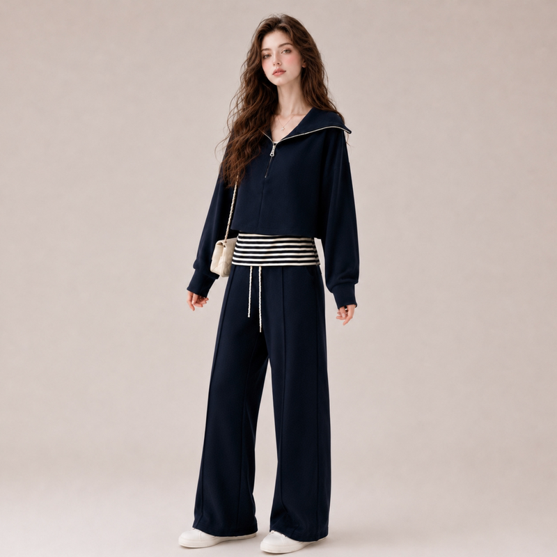 Lum Navy Blue Sweatshirt Suit for Women, New Autumn Style, Korean Style Loose Casual Striped Vest, Wide-Leg Pants Three-Piece Set Lum Navy Blue Sweatshirt Suit for Women, New Autumn Style, Korean Style Loose Casual Striped Vest, Wide-Leg Pants Three-Piece Set