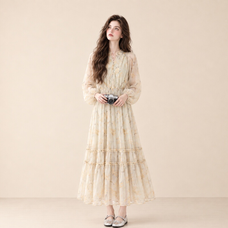 Lum French-Style Gentle Floral Print Long-Sleeve Dress for Women, New Autumn Collection, Waist-Cinching, Elegant, Slimming, and Stunning Long Dress