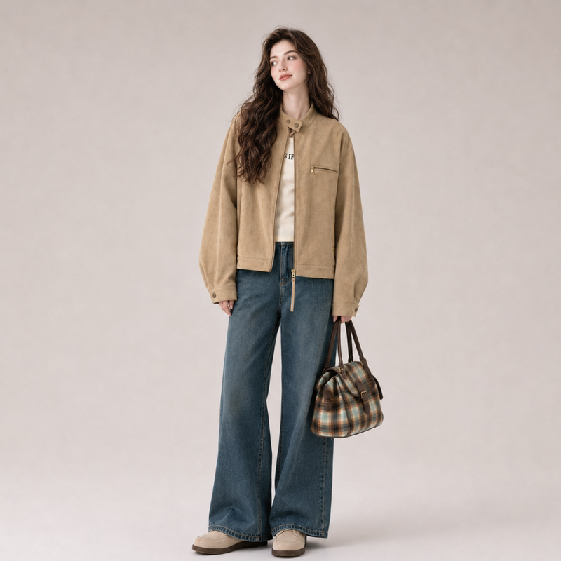 Lum Khaki Suede Short Jacket for Women, Autumn 2026 New Style, Loose and Versatile, Trendy and Popular Jacket Top