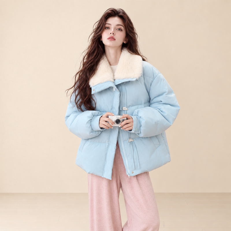 Lum Blue Lamb Wool Lapel Short down Jacket for Women, New Winter Style, 90% White Duck down Coat, Petite Size, Age-Reducing Lum Blue Lamb Wool Lapel Short down Jacket for Women, New Winter Style, 90% White Duck down Coat, Petite Size, Age-Reducing