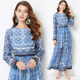 2023 spring and summer light and thin silk chiffon blue and white porcelain printed dress with round neck and big swing A-line skirt