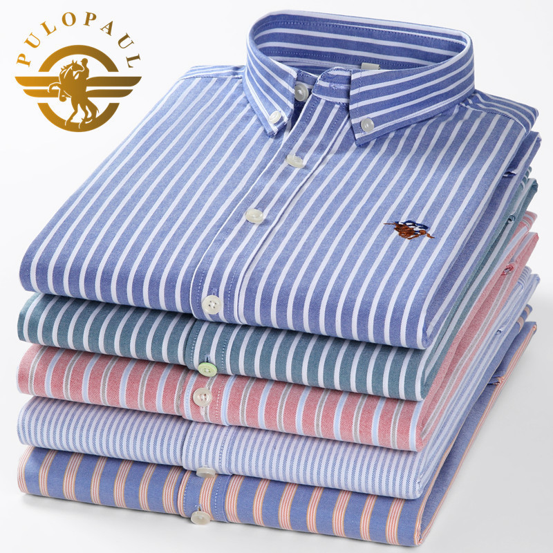 Paul Autumn 100% Cotton Oxford Shirt Men's Long Sleeve Business Casual Vertical Striped Cotton Shirt Plus Size
