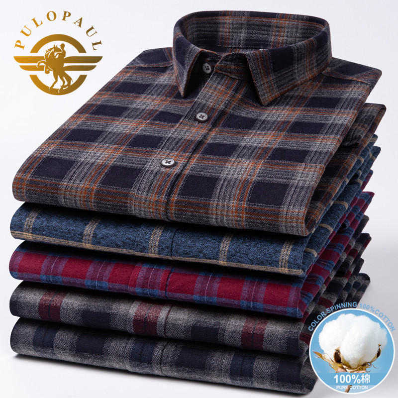Paul Spring Pure Cotton Shirt Men's Long-Sleeved Middle-Aged and Elderly Dad's Loose Cotton Brushed Plaid Shirt Large Size Paul Spring Pure Cotton Shirt Men's Long-Sleeved Middle-Aged and Elderly Dad's Loose Cotton Brushed Plaid Shirt Large Size