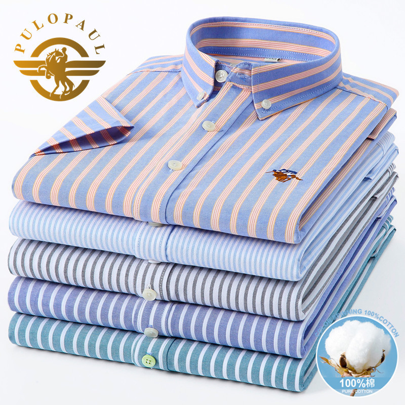 Paul Summer All-Cotton Men's Short-Sleeve Shirt Oxford Fabric Business Casual Pure Cotton Striped Half-Sleeve Plaid Shirt Trendy