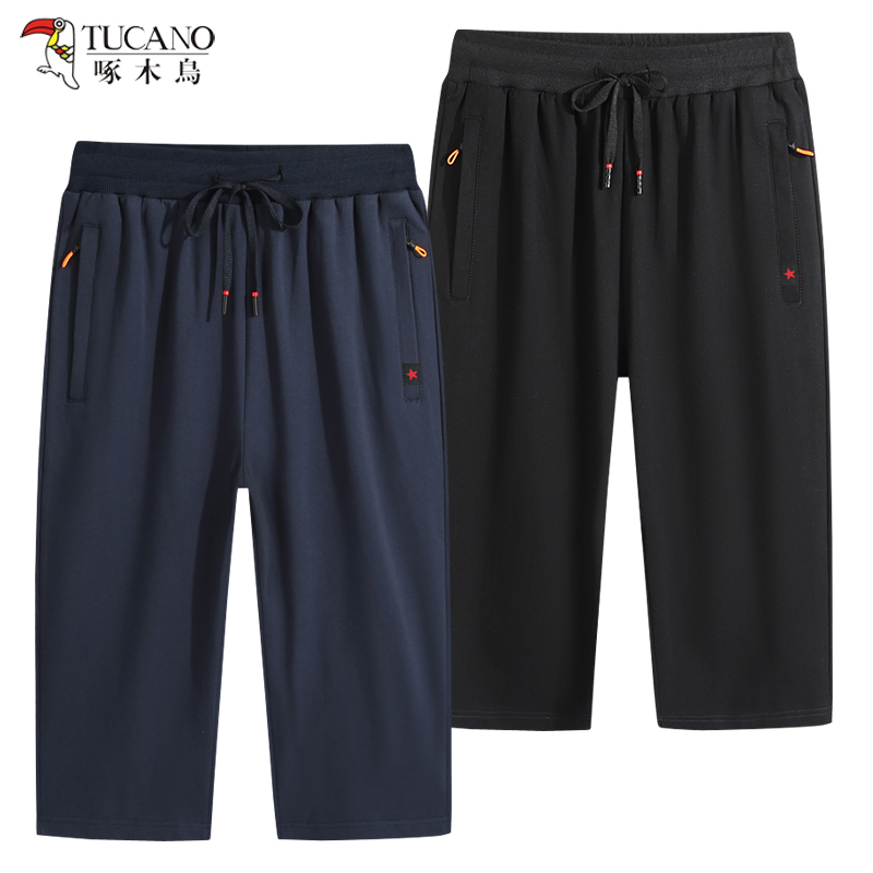 Woodpecker Pure Cotton Cropped Pants for Men, Summer Thin Loose Straight Breathable Drawstring Casual Pants, Large Size Sports Mid-Length Pants