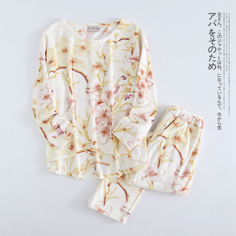 Bộ đồ ngủ nữ mùa thu flannel dày tay dài phù hợp với phiên bản Hàn Quốc ngọt ngào và dễ thương có thể mặc mùa đông trong nhà pijama lụa ngắn