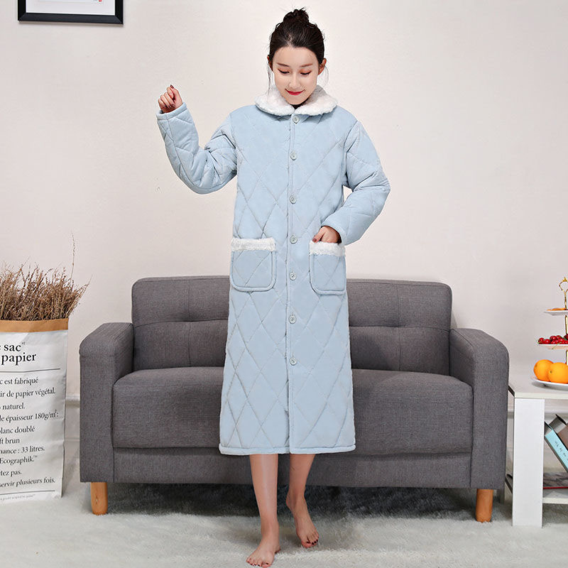 Mùa đông mới ba lớp độn bông Babe đồ ngủ nhung phụ nữ áo ngủ chần bông cộng với nhung nhung san hô cộng với bông tắm giảm béo quần áo ngủ nữ mùa hè