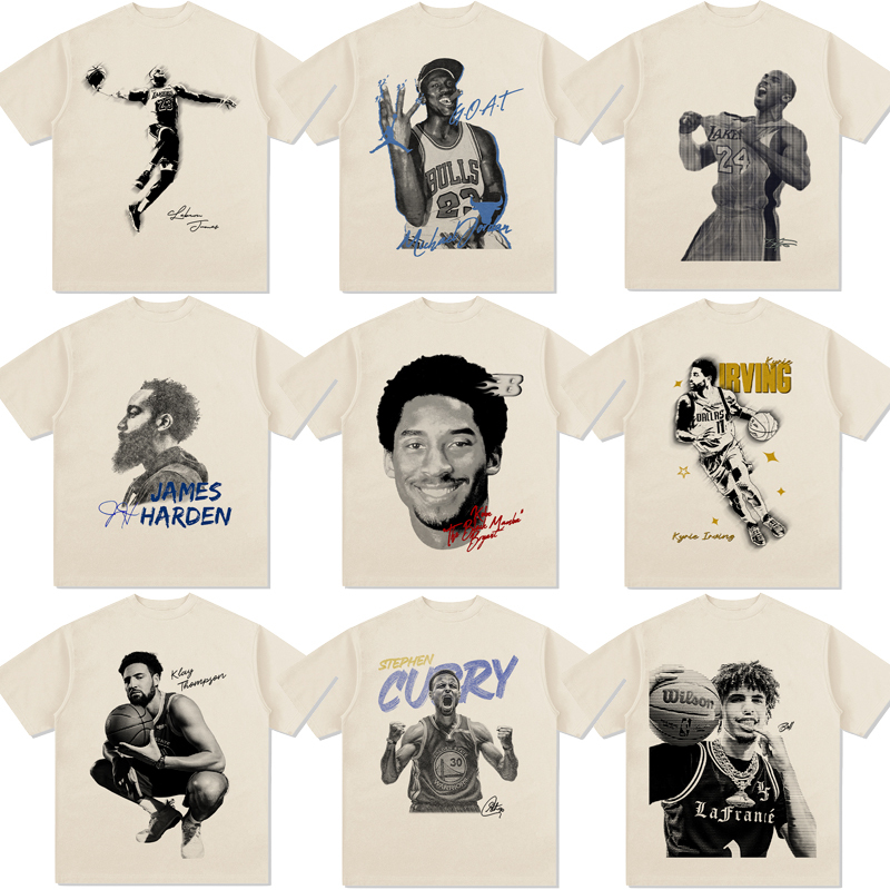 American-Style Direct-Printed T-Shirt with Basketball Star Portraits: Kobe, James, Curry, Irving, Durant, Harden, Short-Sleeved, Sketch Style American-Style Direct-Printed T-Shirt with Basketball Star Portraits: Kobe, James, Curry, Irving, Durant, Harden, Short-Sleeved, Sketch Style