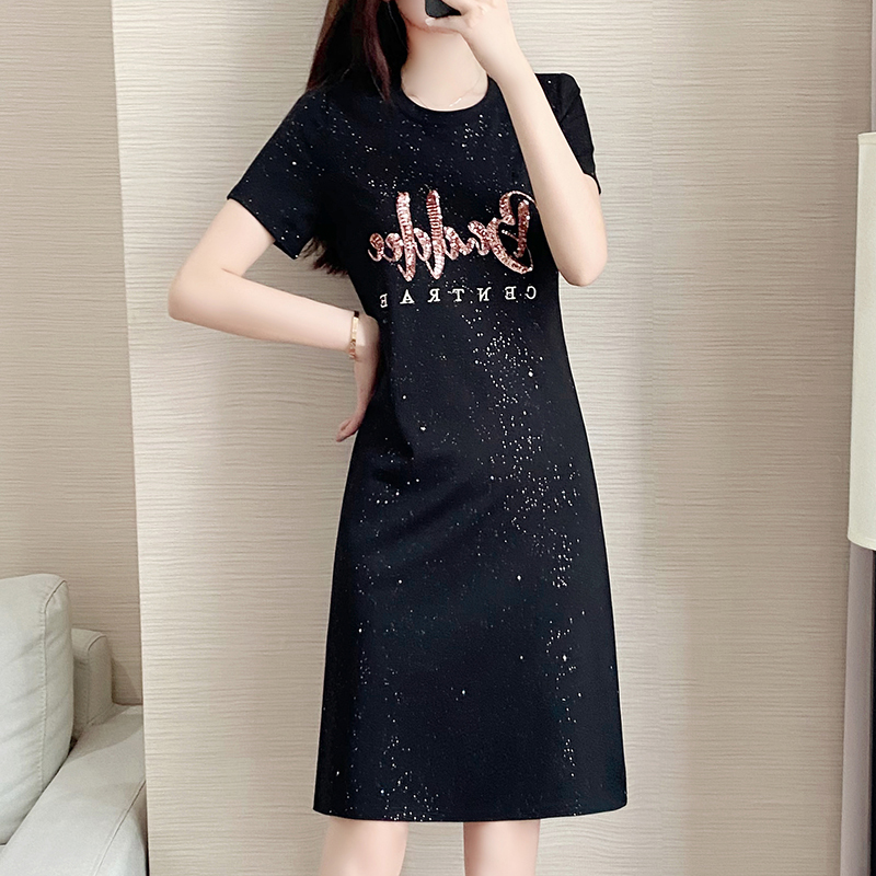 Summer New High-End Sequin Plus-Size Dress for Women, Loose and Slimming, Mid-Length Casual T-Shirt Dress for Plus-Size Women, Trendy m Summer New High-End Sequin Plus-Size Dress for Women, Loose and Slimming, Mid-Length Casual T-Shirt Dress for Plus-Size Women, Trendy m