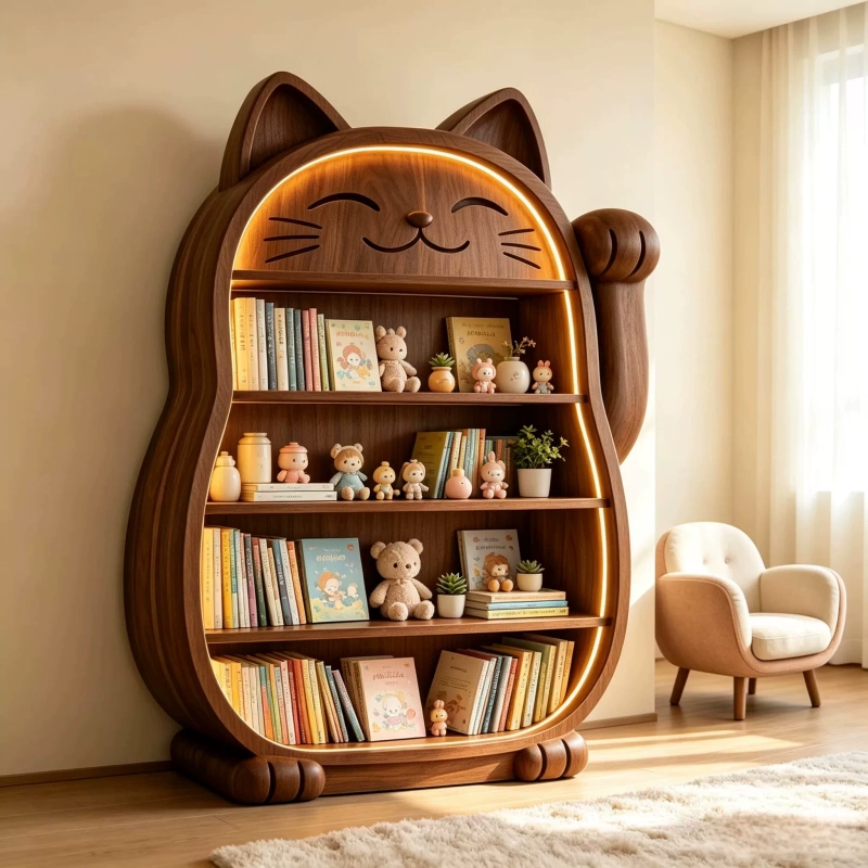 North American Black Walnut Wood Song-Style Aesthetic Fortune Cat Bookcase, Display Shelf, Bookshelf, Entryway Shelf, Display Cabinet