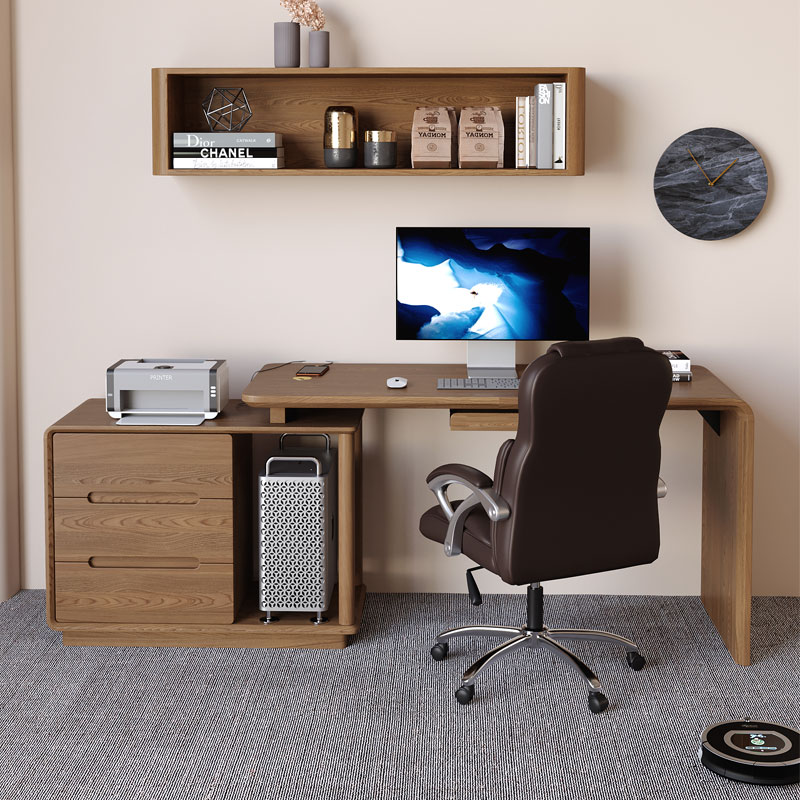 Rotatable telescopic double desk computer desk Nordic solid wood desk bookcase integrated corner workbench